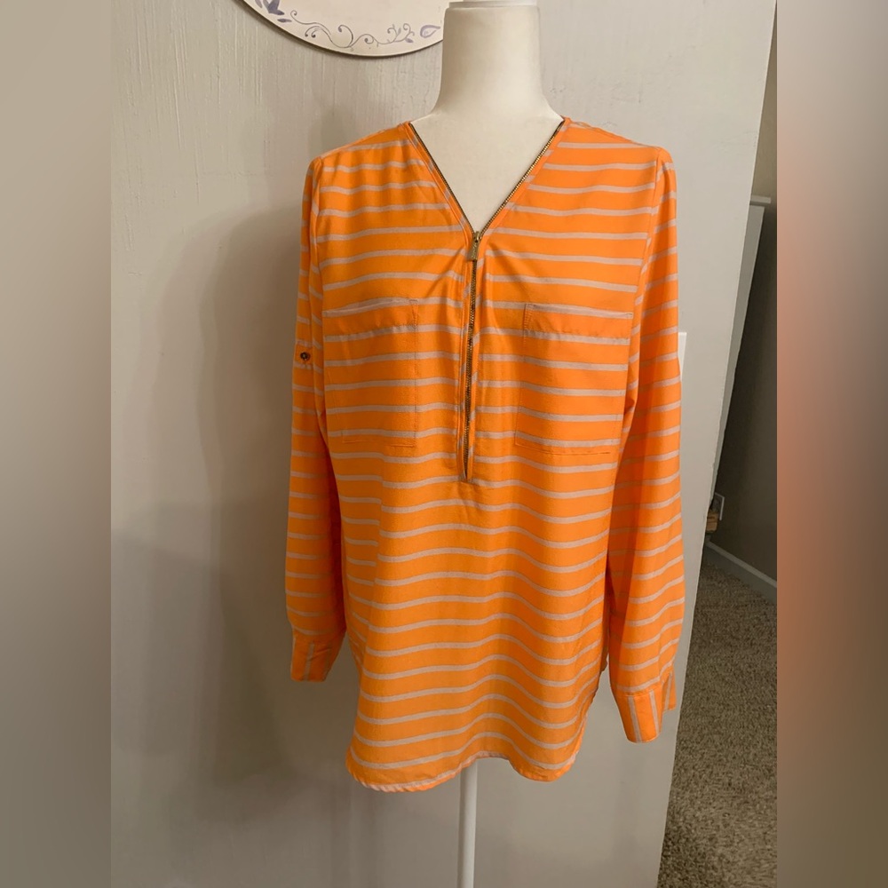 Calvin Klein Orange and Gray Striped V-Neck Top